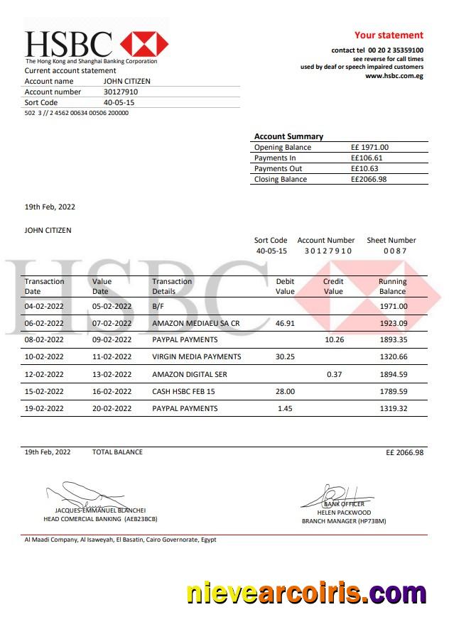 Egypt HSBC bank proof of address statement